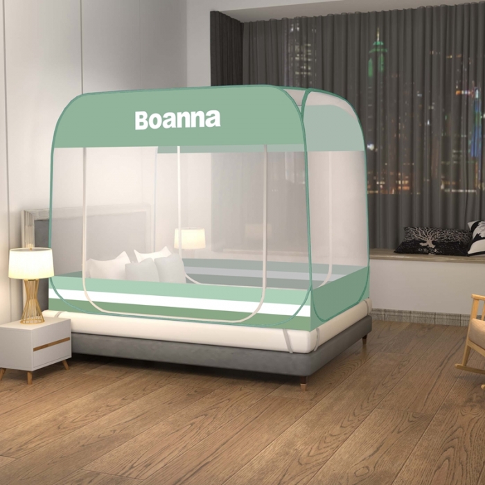 91家纺网 家纺一手货源 找家纺 佳梦家纺 2023新款印花时尚款免安装蒙古包蚊帐 条纹绿布三角