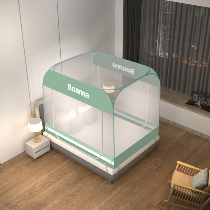 91家纺网 家纺一手货源 找家纺 佳梦家纺 2023新款印花时尚款免安装蒙古包蚊帐 条纹绿布三角