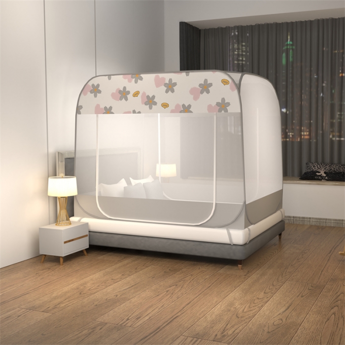 91家纺网 家纺一手货源 找家纺 佳梦家纺 2023新款印花时尚款免安装蒙古包蚊帐 心动灰布三角