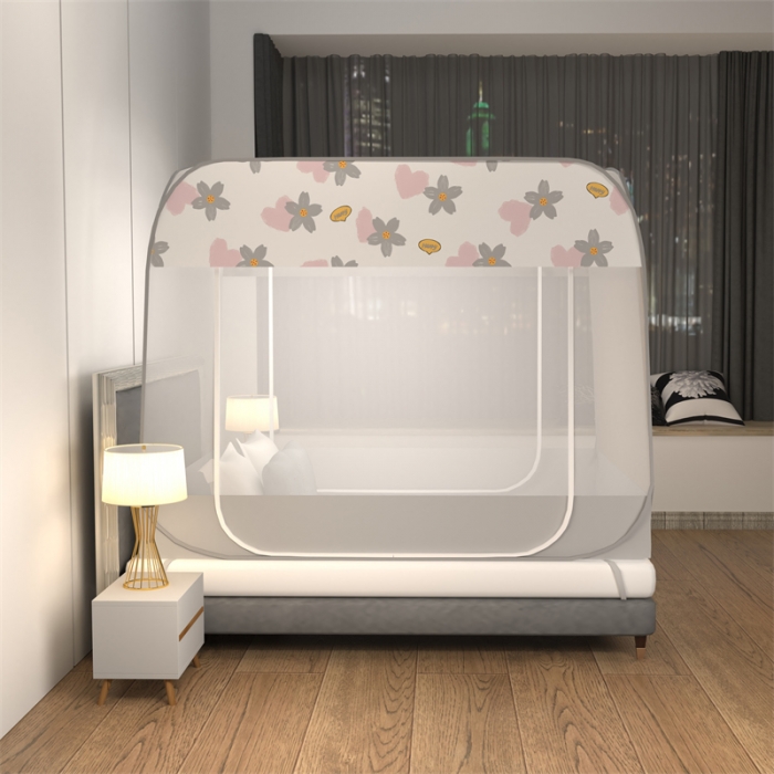 91家纺网 家纺一手货源 找家纺 佳梦家纺 2023新款印花时尚款免安装蒙古包蚊帐 心动灰布三角