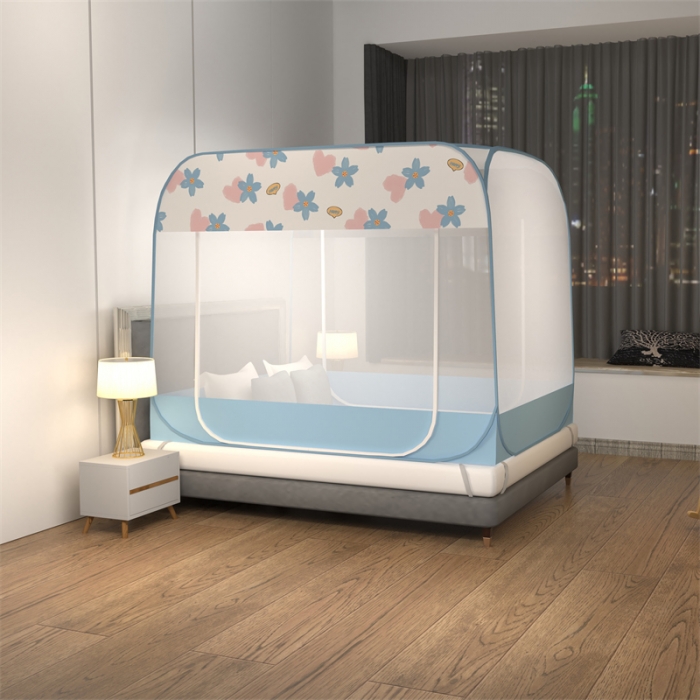 91家纺网 家纺一手货源 找家纺 佳梦家纺 2023新款印花时尚款免安装蒙古包蚊帐 心动蓝布三角