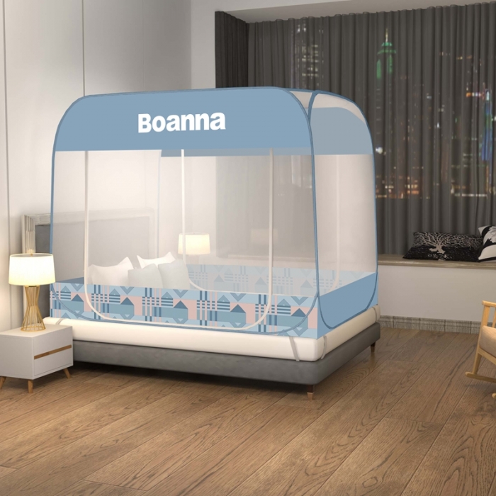 91家纺网 家纺一手货源 找家纺 佳梦家纺 2023新款印花时尚款免安装蒙古包蚊帐 雅格蓝布三角