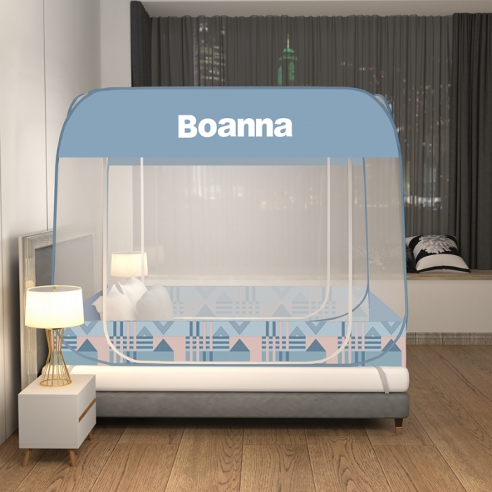 91家纺网 家纺一手货源 找家纺 佳梦家纺 2023新款印花时尚款免安装蒙古包蚊帐 雅格蓝布三角