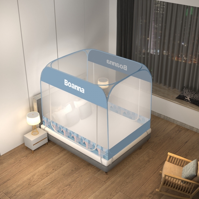 91家纺网 家纺一手货源 找家纺 佳梦家纺 2023新款印花时尚款免安装蒙古包蚊帐 雅格蓝布三角