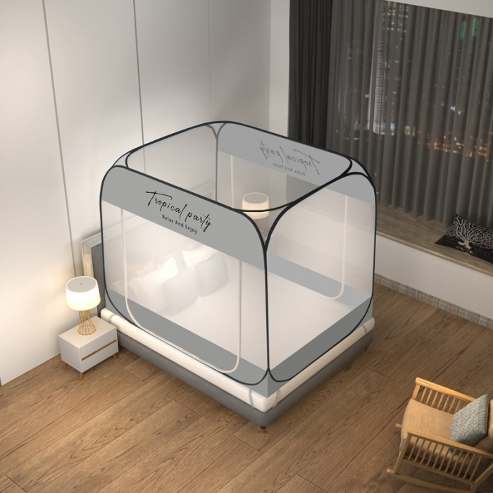 91家纺网 家纺一手货源 找家纺 佳梦家纺 2023新款印花时尚款免安装蒙古包蚊帐 英文灰布三角