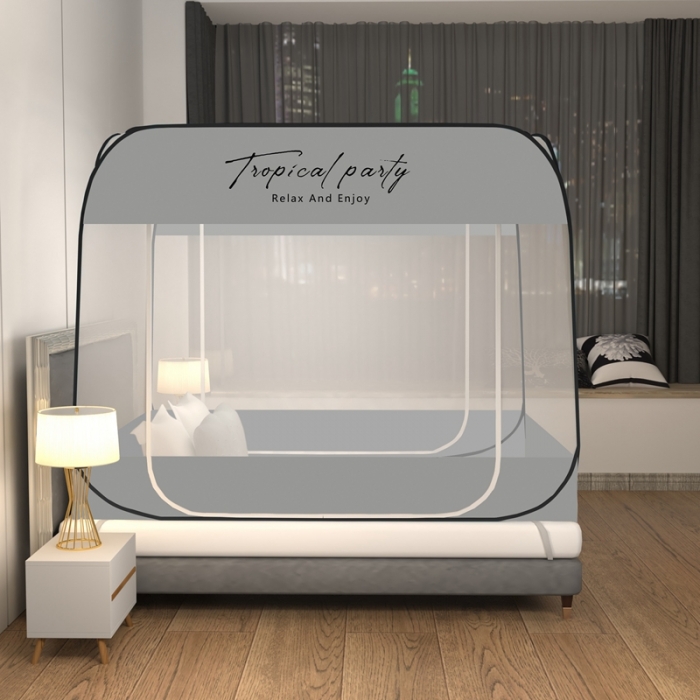 91家纺网 家纺一手货源 找家纺 佳梦家纺 2023新款印花时尚款免安装蒙古包蚊帐 英文灰布三角