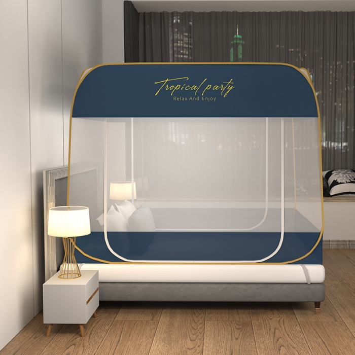 91家纺网 家纺一手货源 找家纺 佳梦家纺 2023新款印花时尚款免安装蒙古包蚊帐 英文蓝布三角