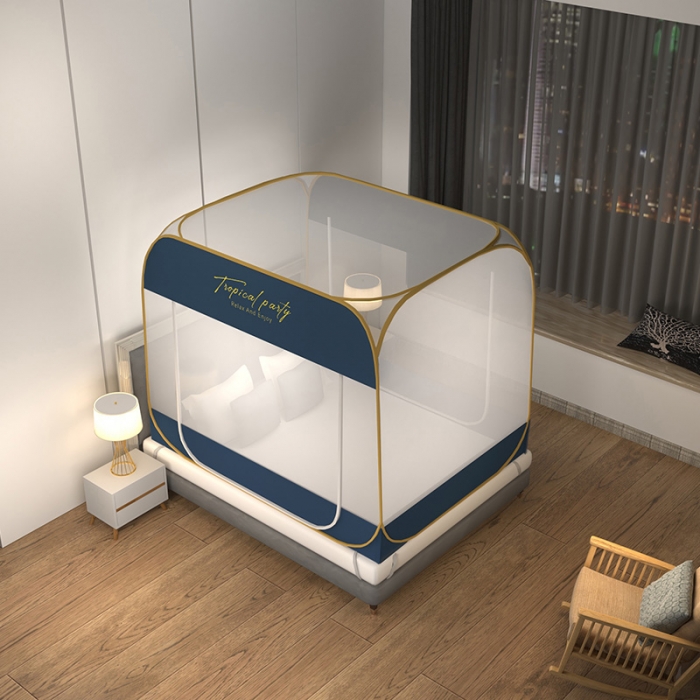 91家纺网 家纺一手货源 找家纺 佳梦家纺 2023新款印花时尚款免安装蒙古包蚊帐 英文蓝布三角