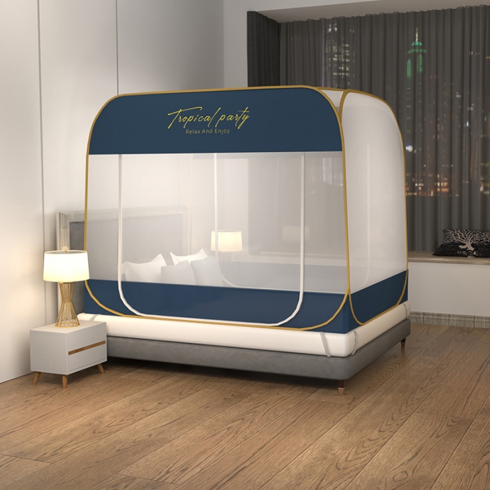 91家纺网 家纺一手货源 找家纺 佳梦家纺 2023新款印花时尚款免安装蒙古包蚊帐 英文蓝布三角