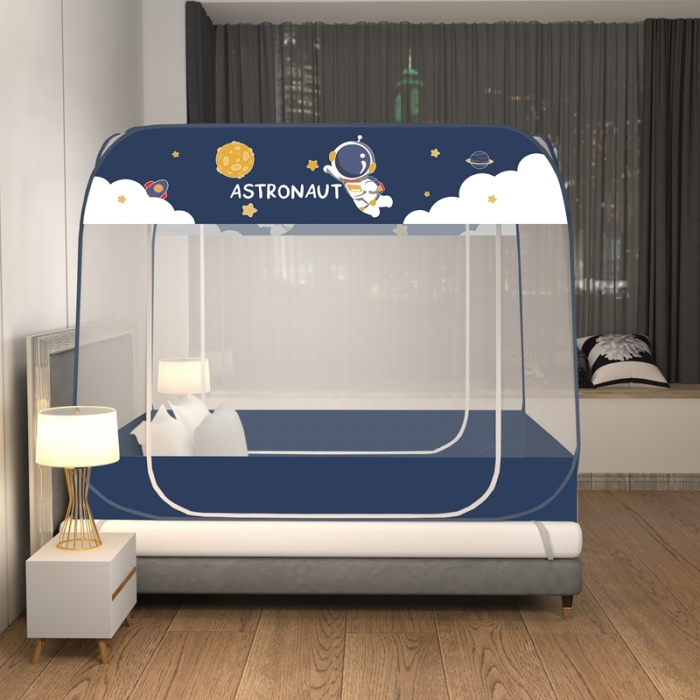 91家纺网 家纺一手货源 找家纺 佳梦家纺 2023新款印花时尚款免安装蒙古包蚊帐 宇航员蓝布三角