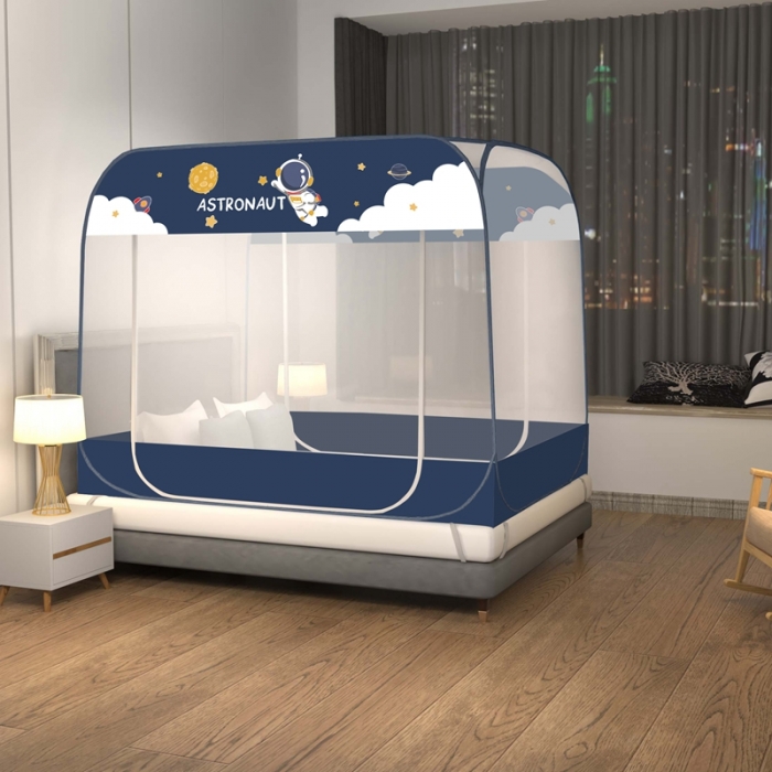 91家纺网 家纺一手货源 找家纺 佳梦家纺 2023新款印花时尚款免安装蒙古包蚊帐 宇航员蓝布三角