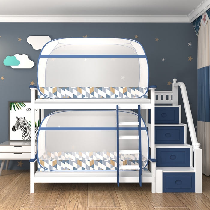 91家纺网 家纺一手货源 找家纺 佳梦家纺 2023新款学生上下铺免安装蒙古包蚊帐 几何-蓝