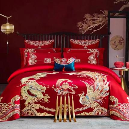 91家纺网 家纺一手货源 找家纺 用心 2023新款长绒棉刺绣婚庆四件套多件套 花嫁龙凤