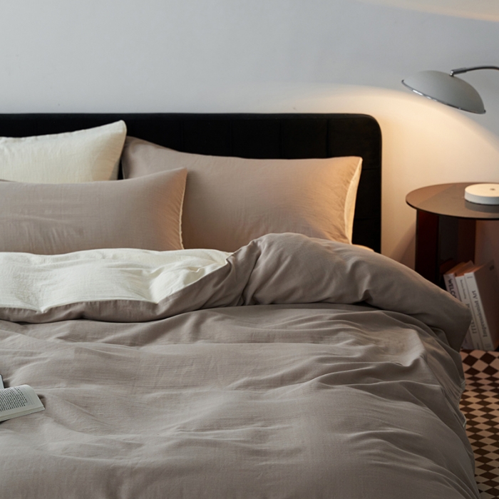 91家纺网 家纺一手货源 找家纺 荣轩 2023新款A类双层纱全棉四件套简约款-风格二 可可蛋奶