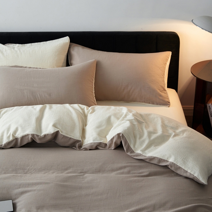 91家纺网 家纺一手货源 找家纺 荣轩 2023新款A类双层纱全棉四件套简约款-风格二 可可蛋奶