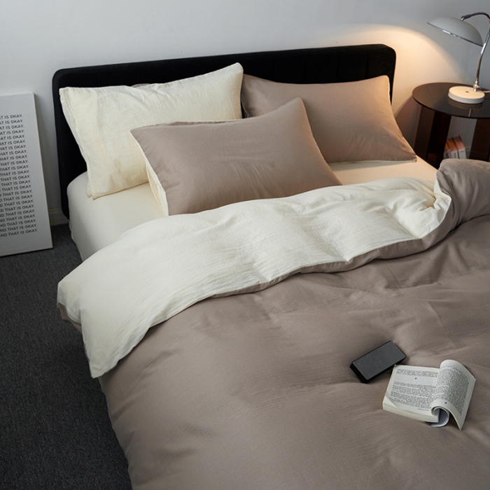 91家纺网 家纺一手货源 找家纺 荣轩 2023新款A类双层纱全棉四件套简约款-风格二 可可蛋奶