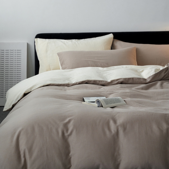 91家纺网 家纺一手货源 找家纺 荣轩 2023新款A类双层纱全棉四件套简约款-风格二 可可蛋奶