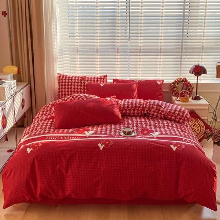 91家纺网 家纺一手货源 找家纺 桃子家居 2023新款红色好运喜庆纯棉印花系列四件套 好事花生