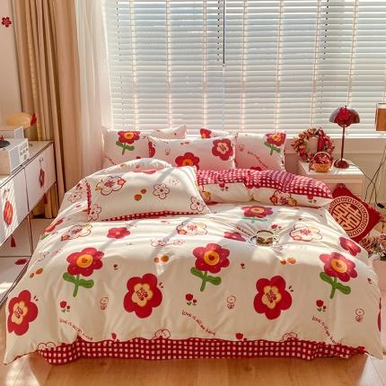 91家纺网 家纺一手货源 找家纺 桃子家居 2023新款红色好运喜庆纯棉印花系列四件套 喜樂年华