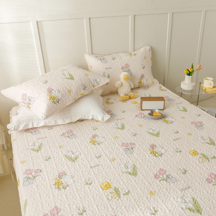 91家纺网 家纺一手货源 找家纺 忘忧草 2023新款全棉夹棉床笠纯棉印花小清新花卉系列 园林兔-玉