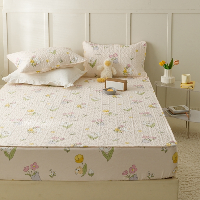 91家纺网 家纺一手货源 找家纺 忘忧草 2023新款全棉夹棉床笠纯棉印花小清新花卉系列 园林兔-玉