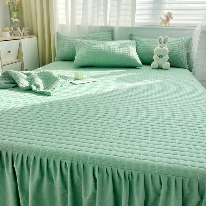 91家纺网 家纺一手货源 找家纺 忘忧草 2023新款全棉色织水洗棉床裙纯棉夹棉加厚纯色无印 格韵-豆绿