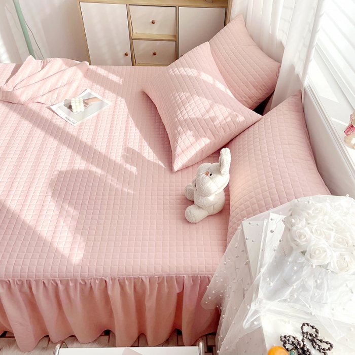 91家纺网 家纺一手货源 找家纺 忘忧草 2023新款全棉色织水洗棉床裙纯棉夹棉加厚纯色无印 格韵-粉玉