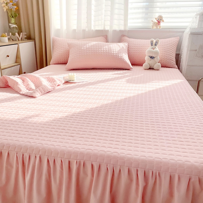 91家纺网 家纺一手货源 找家纺 忘忧草 2023新款全棉色织水洗棉床裙纯棉夹棉加厚纯色无印 格韵-粉玉