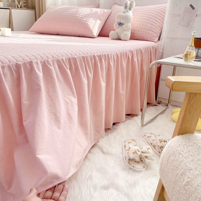 91家纺网 家纺一手货源 找家纺 忘忧草 2023新款全棉色织水洗棉床裙纯棉夹棉加厚纯色无印 格韵-粉玉