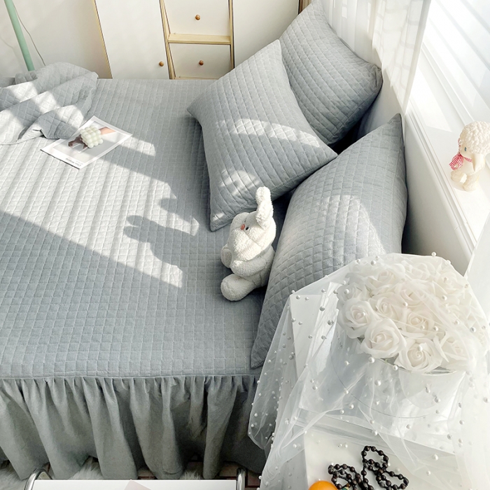 91家纺网 家纺一手货源 找家纺 忘忧草 2023新款全棉色织水洗棉床裙纯棉夹棉加厚纯色无印 格韵-灰色