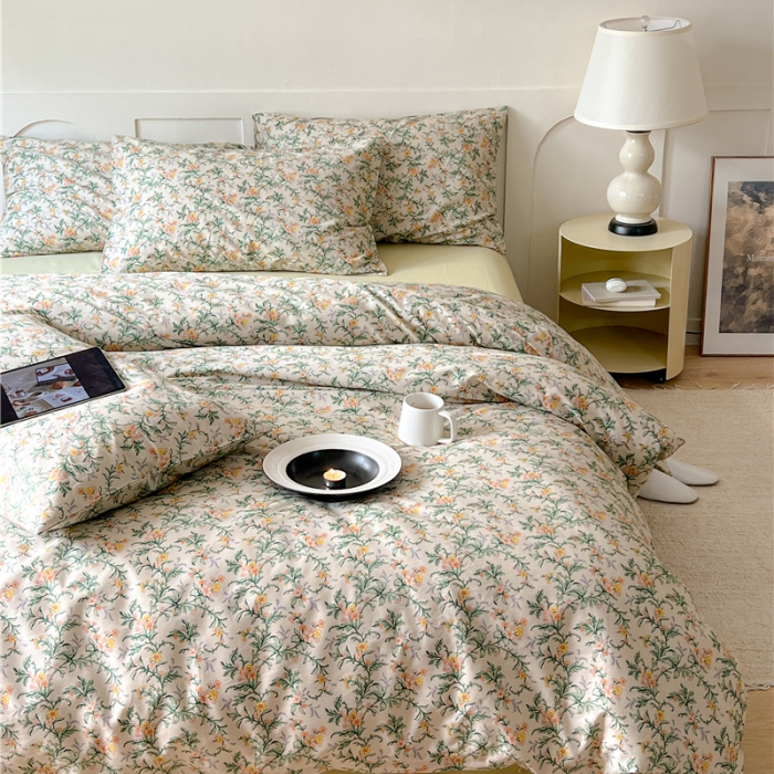 91家纺网 家纺一手货源 找家纺 棉眠 2023春夏新品纯棉复古花园四件套 绿镜