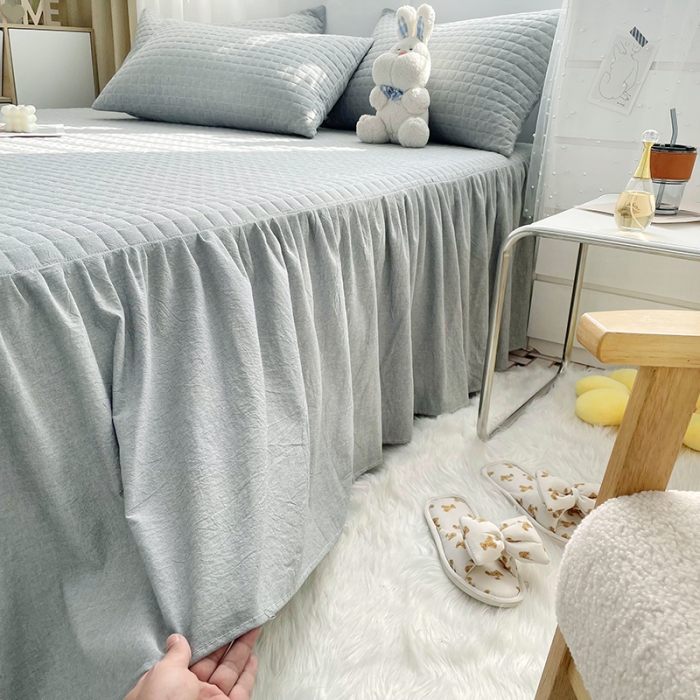 91家纺网 家纺一手货源 找家纺 忘忧草 2023新款全棉色织水洗棉床裙纯棉夹棉加厚纯色无印 格韵-灰色