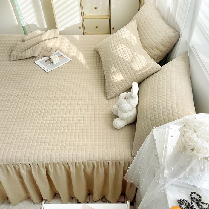 91家纺网 家纺一手货源 找家纺 忘忧草 2023新款全棉色织水洗棉床裙纯棉夹棉加厚纯色无印 格韵-卡其