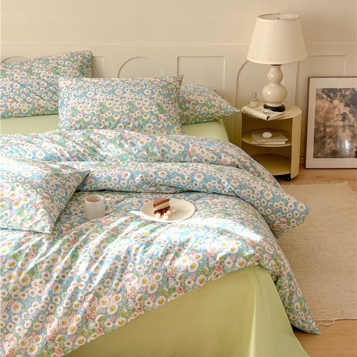 91家纺网 家纺一手货源 找家纺 棉眠 2023春夏新品纯棉复古花园四件套 青柠气泡