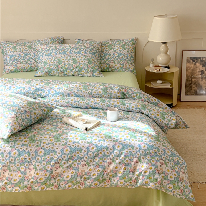 91家纺网 家纺一手货源 找家纺 棉眠 2023春夏新品纯棉复古花园四件套 青柠气泡