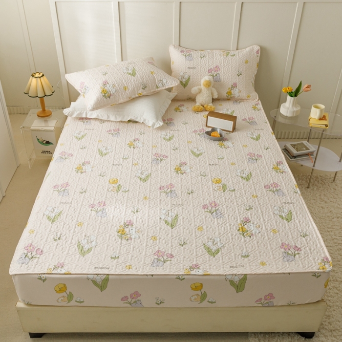 91家纺网 家纺一手货源 找家纺 忘忧草 2023新款全棉夹棉床笠纯棉印花小清新花卉系列 园林兔-玉