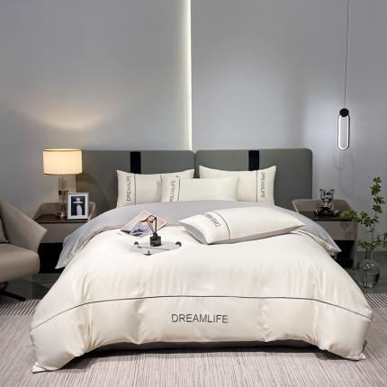 91家纺网 家纺一手货源 找家纺 利欧 2025新款梦幻水洗真丝A类四件套 白灰