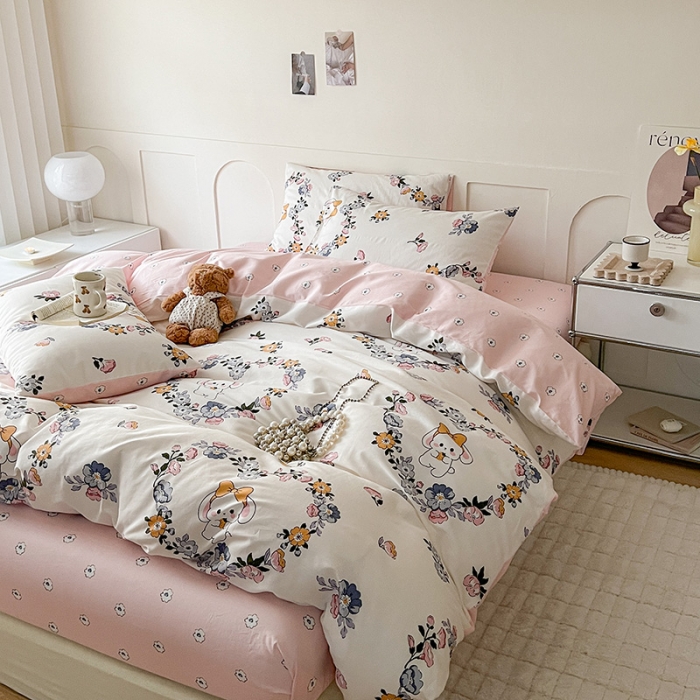 91家纺网 家纺一手货源 找家纺 希文 2023新款13372全棉印花四件套-恋语系列 萌迪小兔