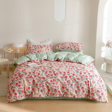 91家纺网 家纺一手货源 找家纺 沐棉家居 2023新款13372小清新全棉印花四件套 郁金香小兔