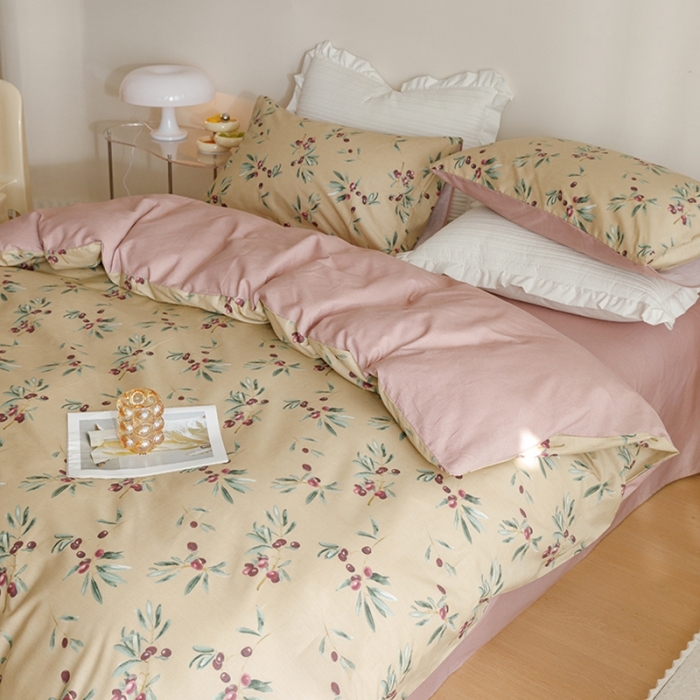 91家纺网 家纺一手货源 找家纺 沐棉家居 2023新款13372小清新全棉印花四件套 橄榄枝