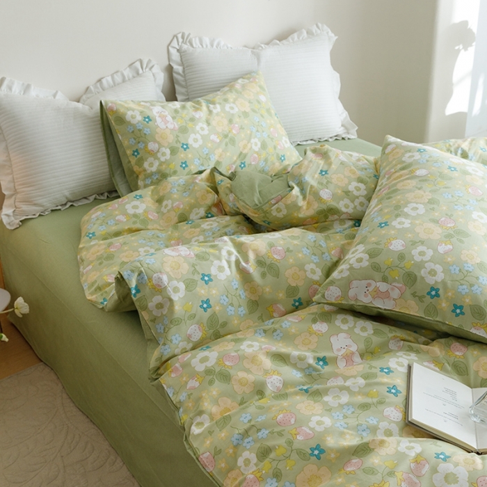 91家纺网 家纺一手货源 找家纺 沐棉家居 2023新款13372小清新全棉印花四件套 田野小兔