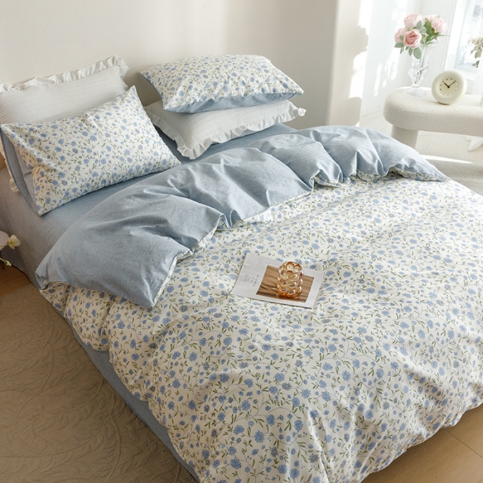 91家纺网 家纺一手货源 找家纺 沐棉家居 2023新款13372小清新全棉印花四件套 蔚蓝