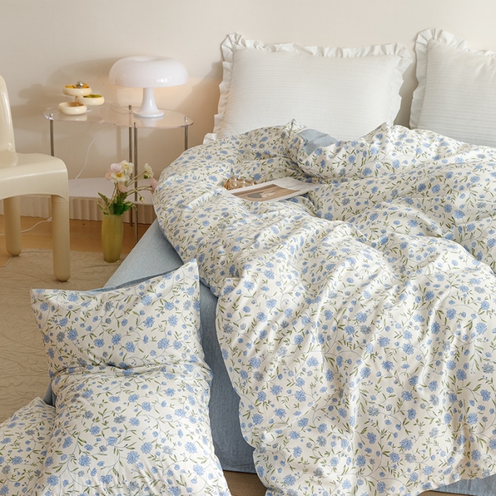 91家纺网 家纺一手货源 找家纺 沐棉家居 2023新款13372小清新全棉印花四件套 蔚蓝