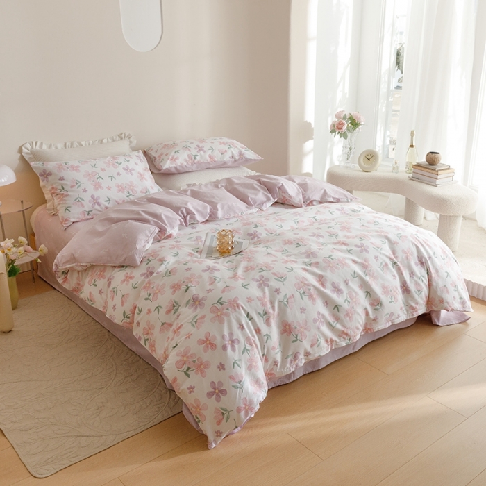 91家纺网 家纺一手货源 找家纺 沐棉家居 2023新款13372小清新全棉印花四件套 萱花