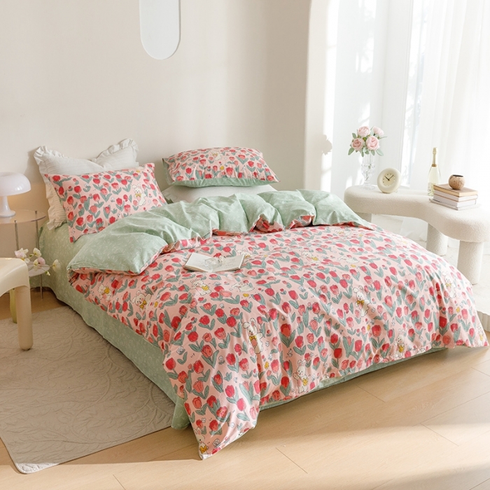 91家纺网 家纺一手货源 找家纺 沐棉家居 2023新款13372小清新全棉印花四件套 郁金香小兔