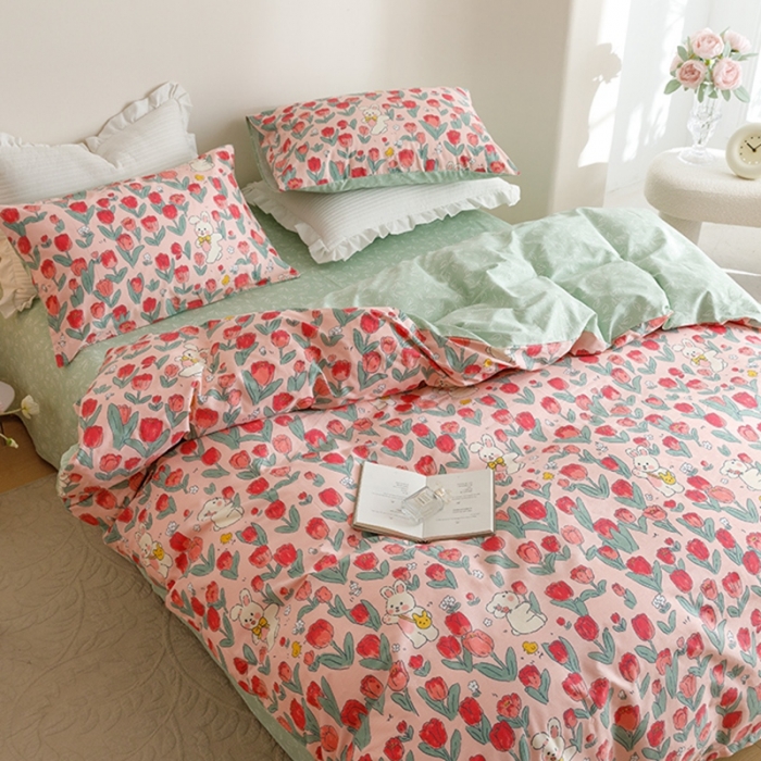 91家纺网 家纺一手货源 找家纺 沐棉家居 2023新款13372小清新全棉印花四件套 郁金香小兔