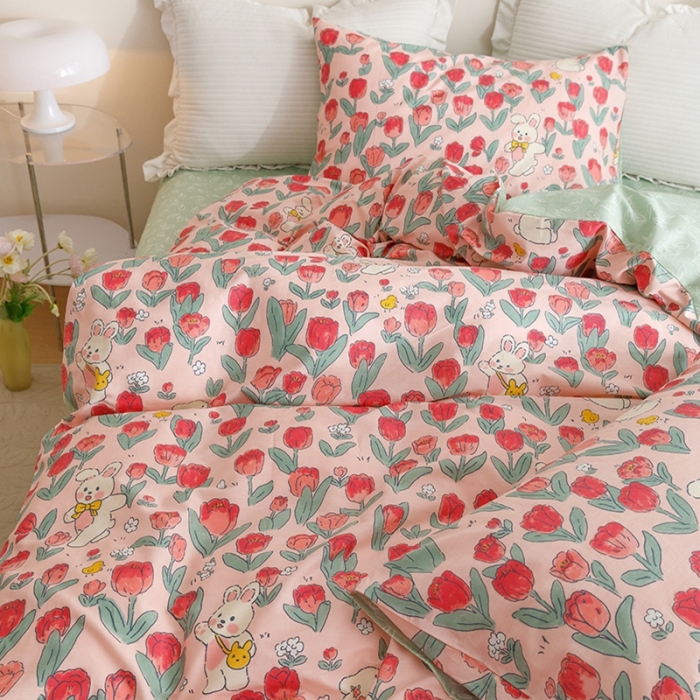 91家纺网 家纺一手货源 找家纺 沐棉家居 2023新款13372小清新全棉印花四件套 郁金香小兔