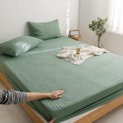91家纺网 家纺一手货源 找家纺 忘忧草 2023新款全棉色织水洗棉夹棉床笠纯棉无印风格纯色 格韵-豆绿
