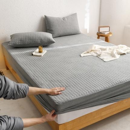 91家纺网 家纺一手货源 找家纺 忘忧草 2023新款全棉色织水洗棉夹棉床笠纯棉无印风格纯色 格韵-浅灰