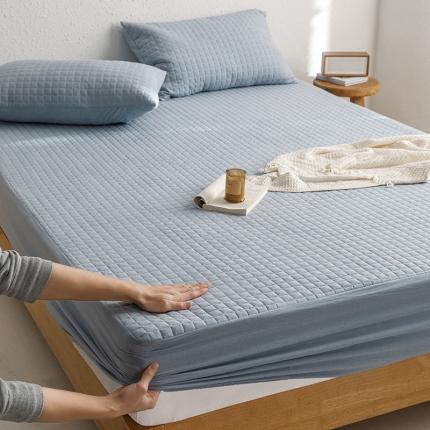 91家纺网 家纺一手货源 找家纺 忘忧草 2023新款全棉色织水洗棉夹棉床笠纯棉无印风格纯色 格韵-浅蓝